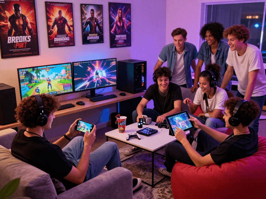 Engaged players enjoying porn games on various devices in a lively gaming environment.