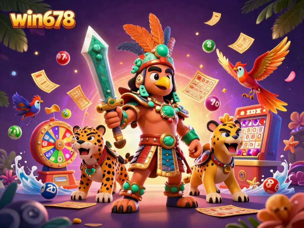 Experience thrilling wins at win678 with an Aztec warrior and jaguar amidst vibrant lottery elements.