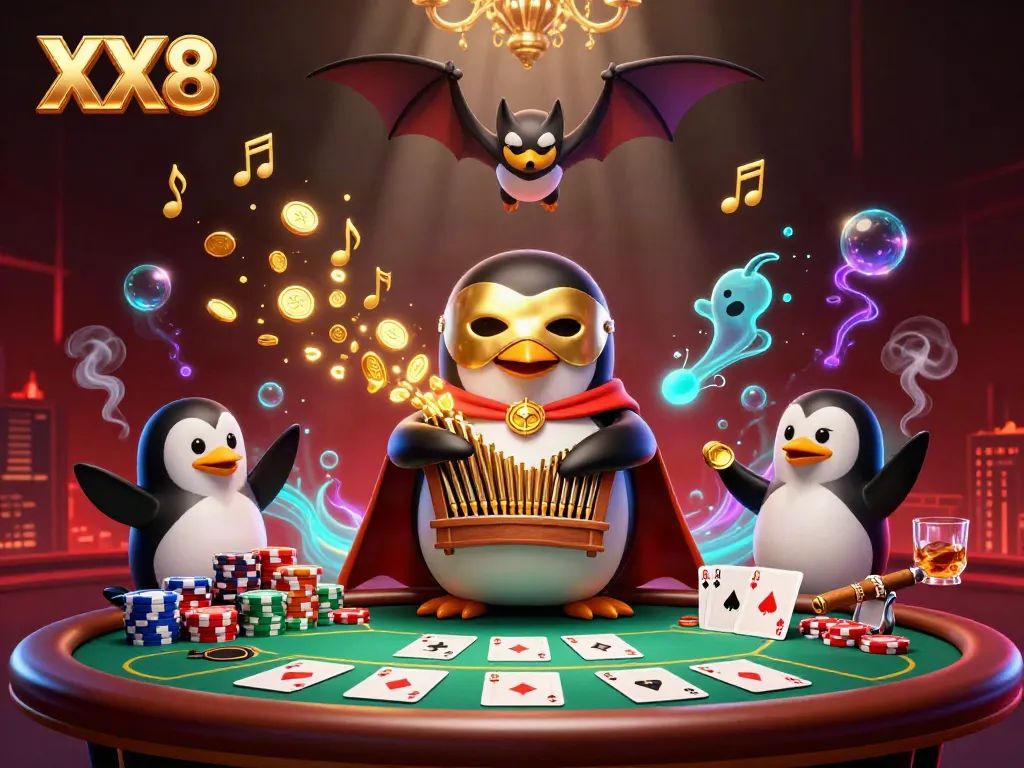 Experience the captivating XX8 casino scene with a phantom penguin, soaring bat, and dynamic golden elements.
