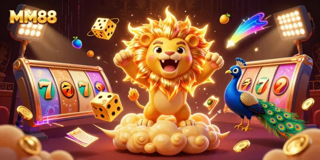 Engaging MM88 casino scene with a roaring lion, golden dice, and dynamic slot visuals