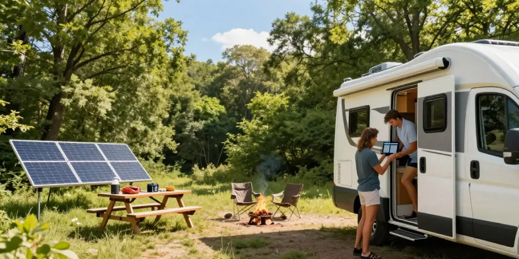Camper van in nature with rv lithium battery monitoring, solar panels, and outdoor relaxation.