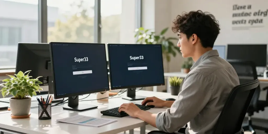 Young professional engaging with the Super33 login platform in a modern office.