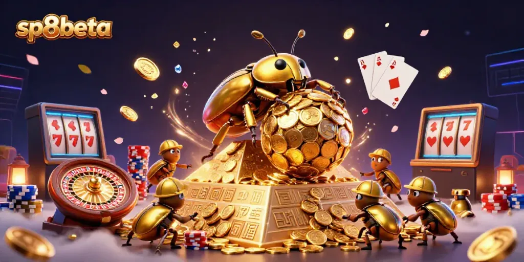 Experience thrilling wins at sp8beta with a golden dung beetle rolling coins in a vibrant casino scene.