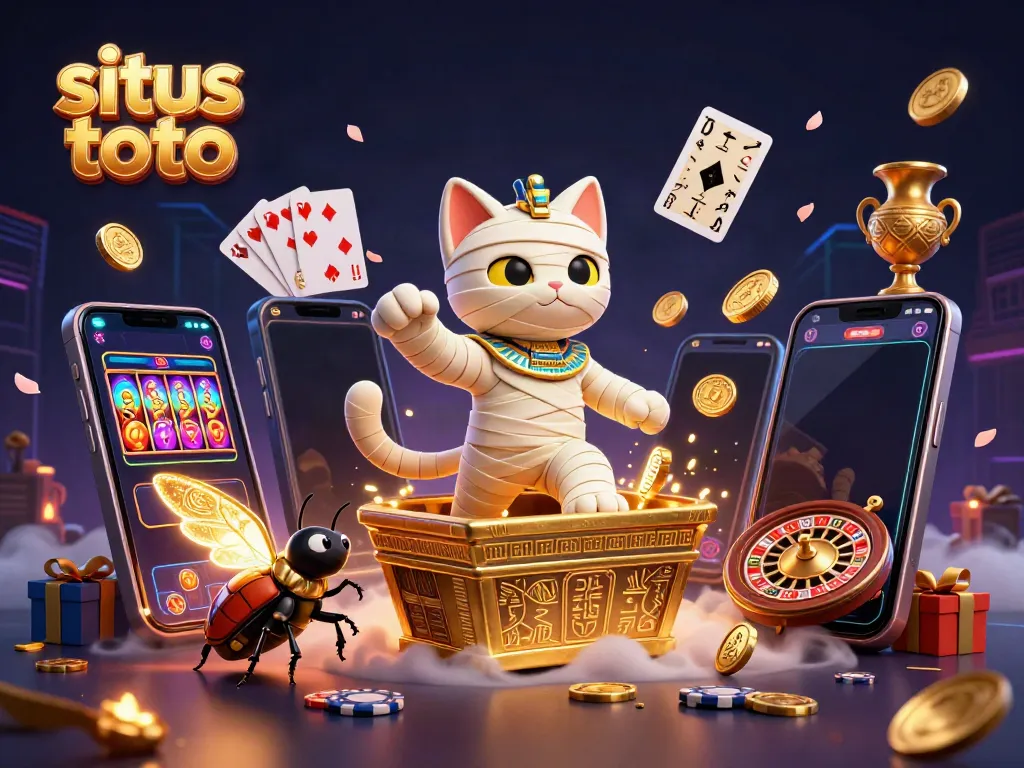 Experience the excitement of situs toto with a vibrant 3D illustration of a mummy cat in a pyramid casino.
