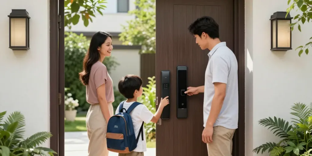 Smart lock in action with a family entering the home, showcasing modern security features.