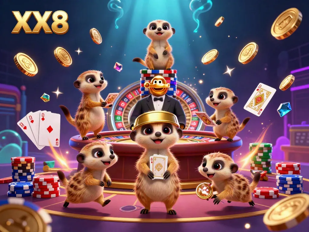 Experience the thrill of winning at XX8 Casino with lively meerkats engaged in an energetic gaming scene.