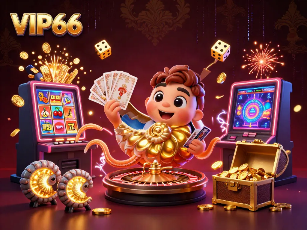 Engage in thrilling gameplay at VIP66 with a dazzling illustration featuring neon lights, a golden roulette, and dynamic casino elements.