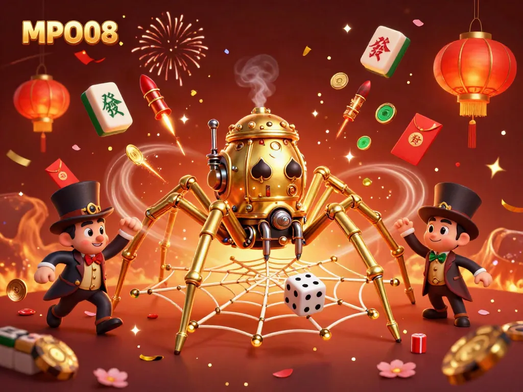 MPO08's vibrant steampunk-themed casino illustration showcases a golden spider and a gentleman, surrounded by lively gaming elements.