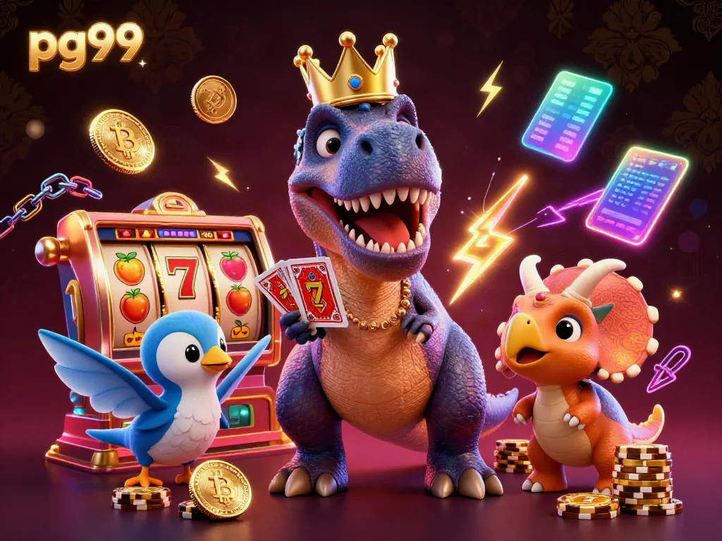 Engage in thrilling gaming with PG99 as a playful T-Rex balances cards while adorable dinosaur friends stack chips.