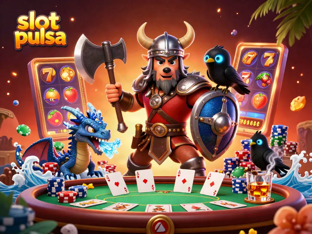 Ilustrasi 3D slot pulsa menampilkan karakter kartun Viking dan naga dalam suasana bermain game.