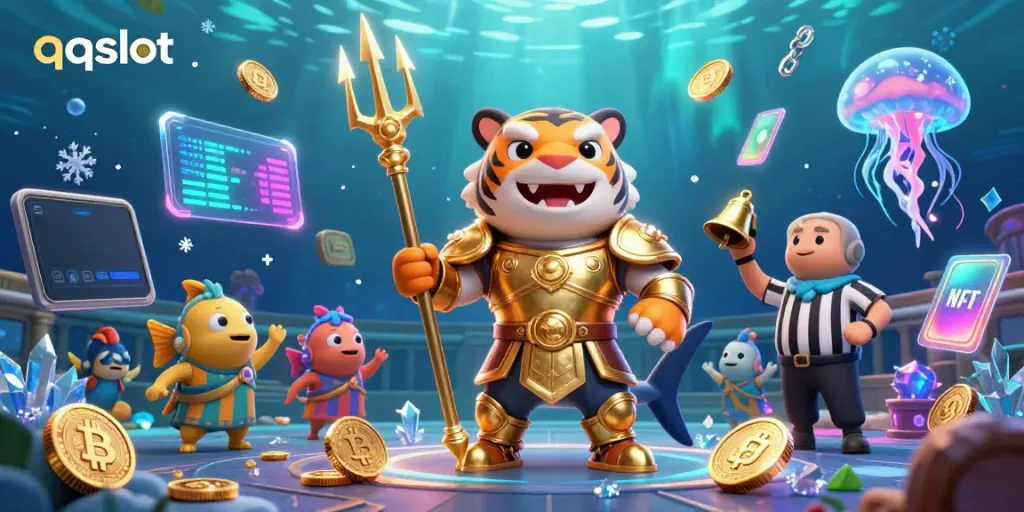 Engage in thrilling qqslot gameplay with a heroic shark character and crypto elements in an underwater arena.