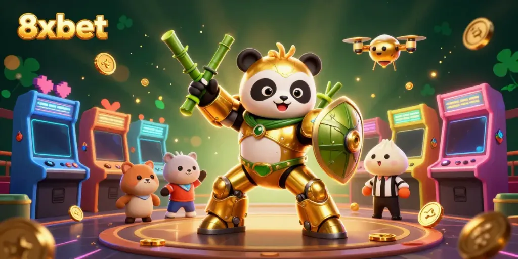 Immerse in a vibrant 8xbet arcade scene featuring a mech-suit panda pilot battling in a lively arena.