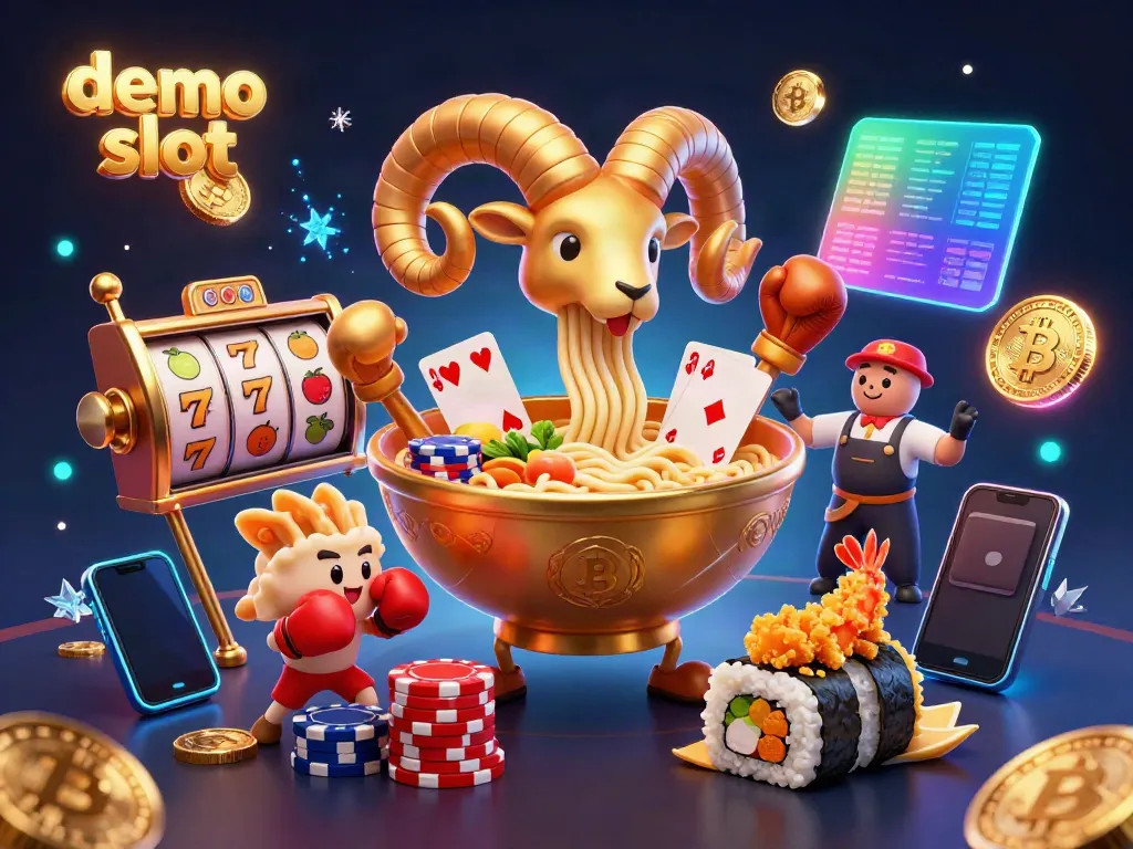 Experience thrill with demo slot featuring a giant ramen bowl character at an energetic casino scene.