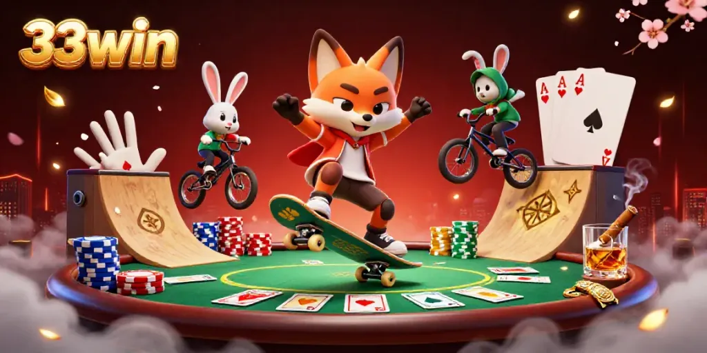 33win showcases a lively scene with a fox performing tricks over poker chips, embodying the vibrant casino spirit.