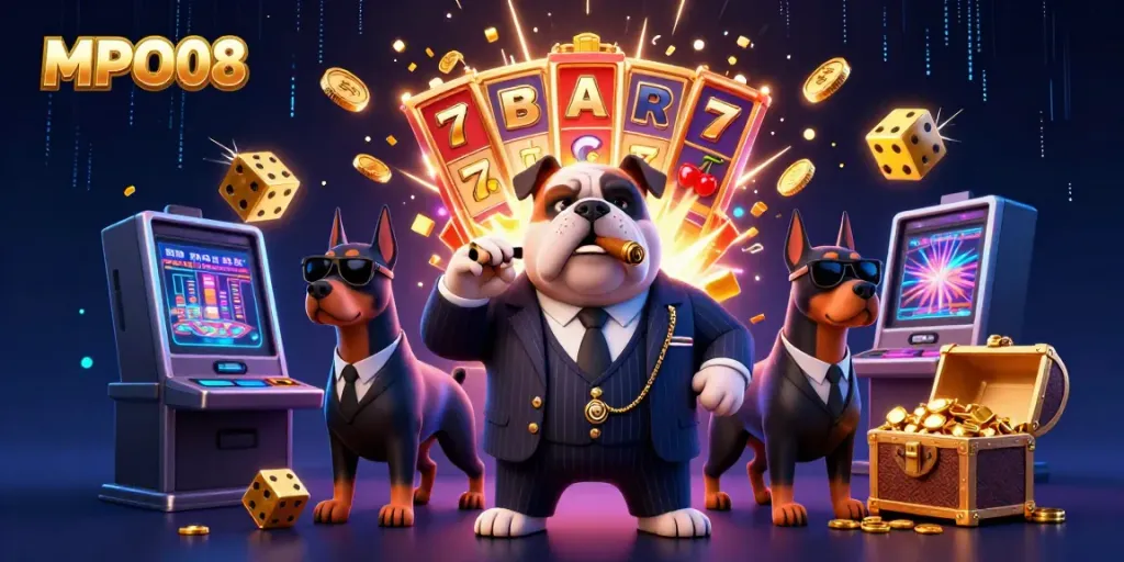 MPO08 showcases a dynamic casino scene with a mafia boss bulldog and Doberman bodyguards, surrounded by slot machines and treasure.