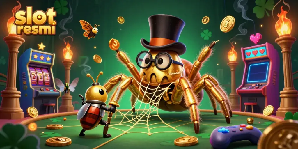 This vibrant 3D casino illustration showcases a giant golden tarantula weaving its web with symbols from slot resmi prominently featured.