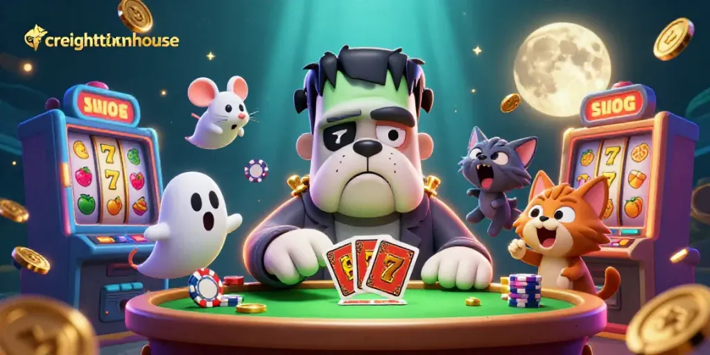 Engage with a thrilling Creightonhouse slot game scene featuring a bulldog dealer and lucky charms.