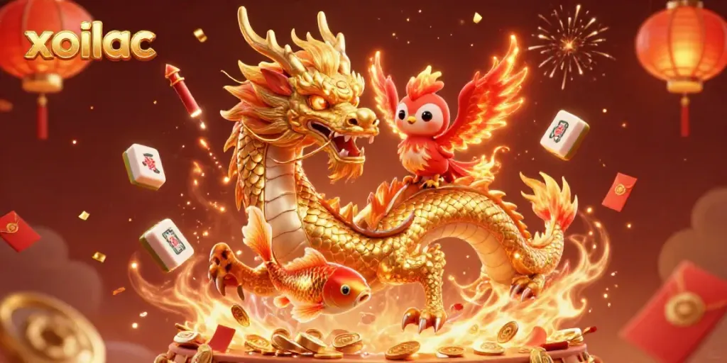 Experience the excitement of xoilac with a dynamic scene showcasing a golden dragon, a phoenix, and coins representing online gambling.