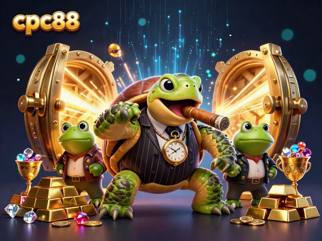 Experience thrilling gameplay at cpc88 with a cartoon turtle in a mobster suit surrounded by treasures.