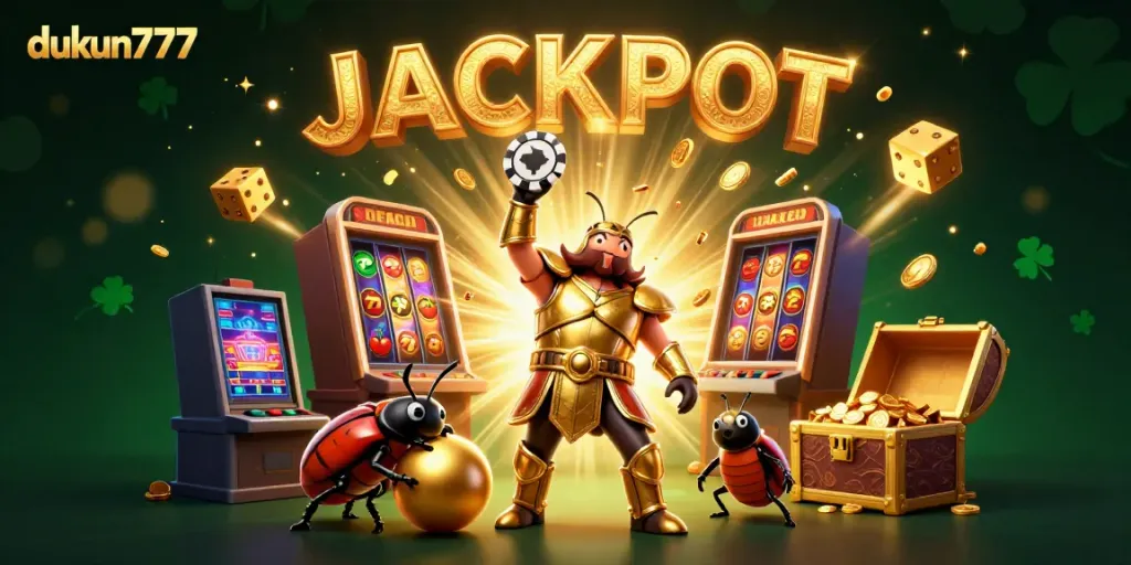 Experience the excitement of dukun777 with a victorious hercules beetle in a colorful casino scene.