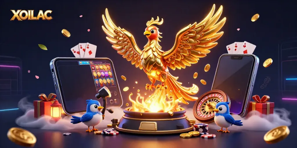 Experience the excitement of XOILAC with a 3D golden phoenix and dynamic casino elements.