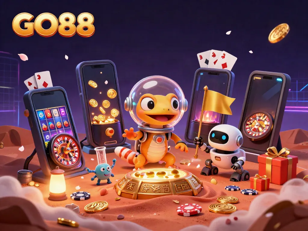 Experience the thrill of winning with GO88 as a Martian gecko and robot explore a golden casino.