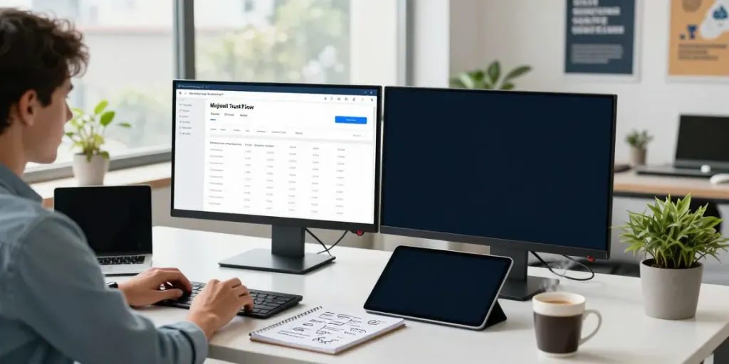 SEO professional using a Trust Flow checker tool on dual monitors in a modern office.