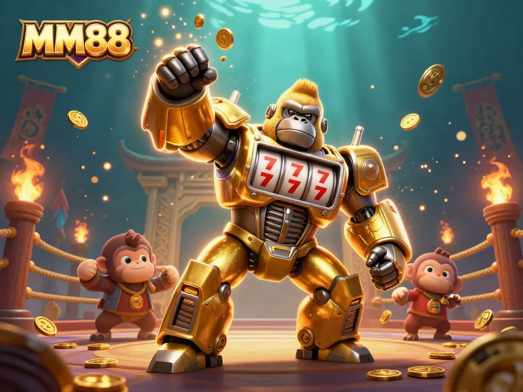 Experience MM88 with a dynamic illustration featuring exciting gaming elements and a golden gorilla mech.