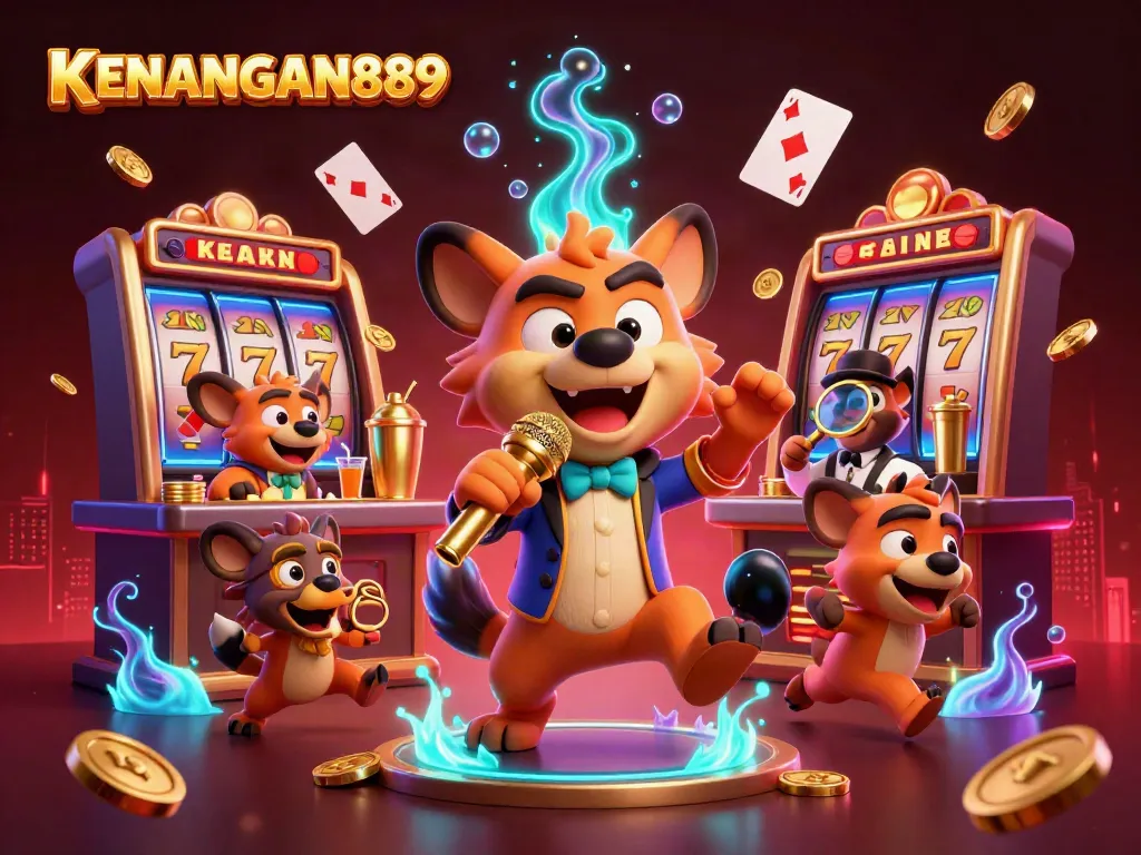 KENANGAN889 hyenas entertain in a colorful casino scene filled with slot elements and vibrant energies.
