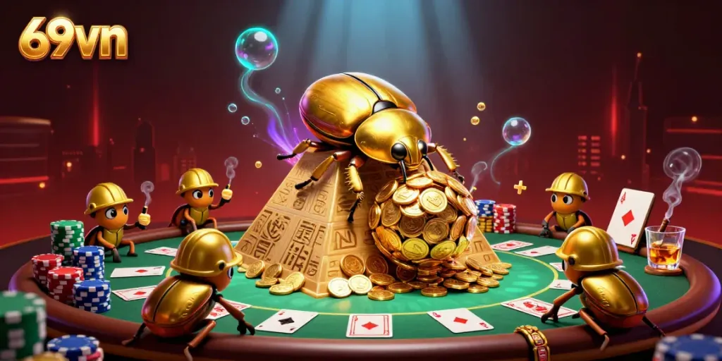 Engage with the dynamic world of 69vn featuring golden beetles and rich casino elements.
