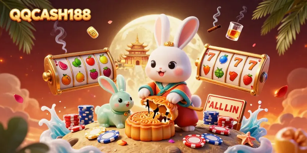 Experience QQCASH188's thrilling digital entertainment with a playful scene of moon rabbits and casino elements.