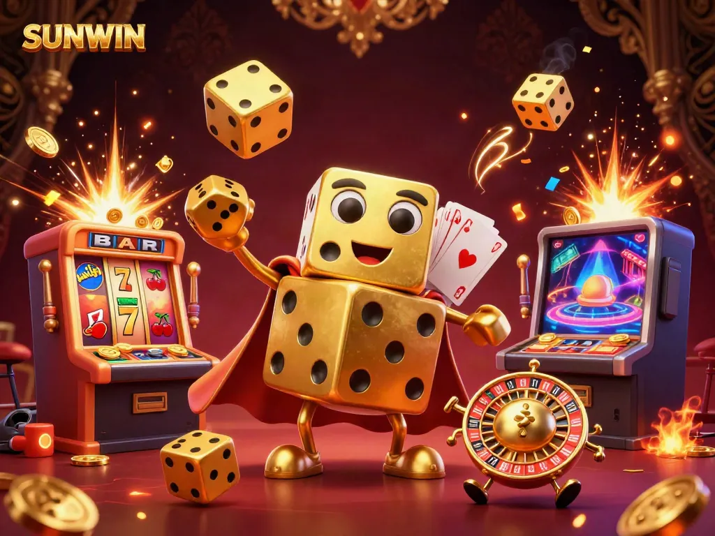 SUNWIN entertaining gamblers with a lively golden dice golem and vibrant casino elements.