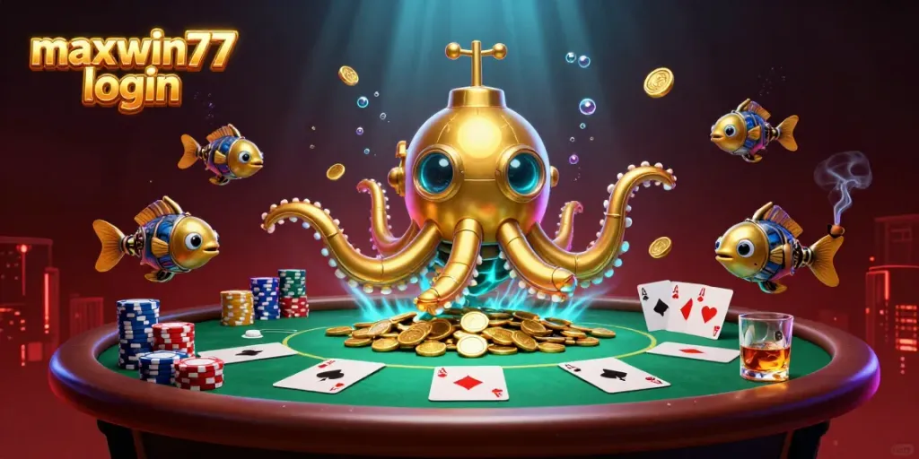 Experience the excitement of maxwin77 login with a colorful underwater casino scene featuring a golden kraken.