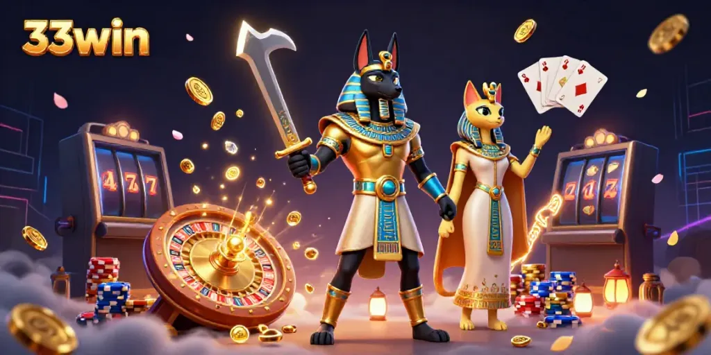 Play casino games and win with 33win, featuring Anubis, Bastet, and dynamic casino elements.