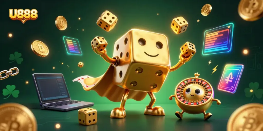 Experience the exciting world of U888 with a golden dice golem and crypto-themed backdrop.