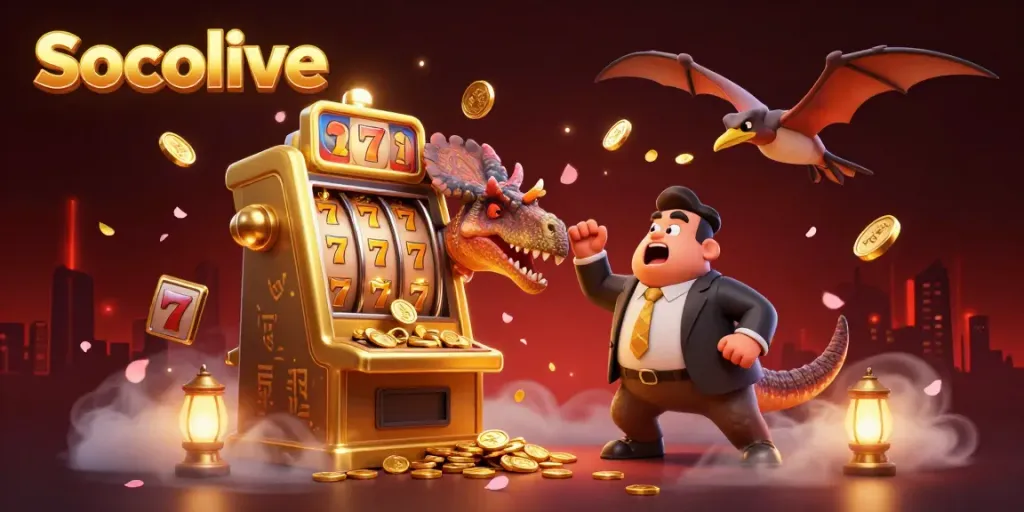 Socolive gameplay scene featuring a pachycephalosaurus winning jackpot coins from a slot machine, filled with vibrant casino elements.