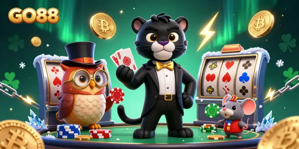 Experience thrilling gaming at GO88 with an engaging 3D scene featuring unique characters and vibrant casino elements.