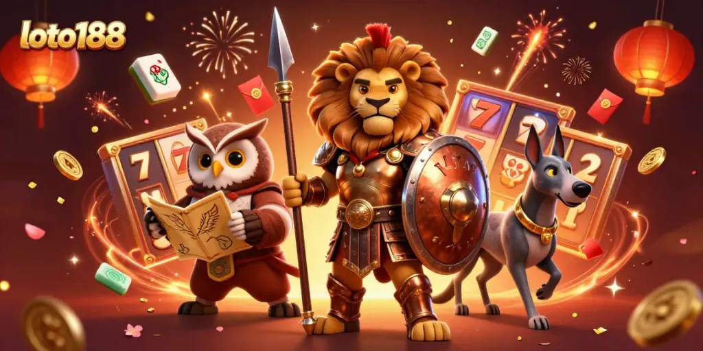 Experience thrilling action with loto188 as a Spartan lion, owl strategist, and greyhound messenger come together in an epic gambling illustration.