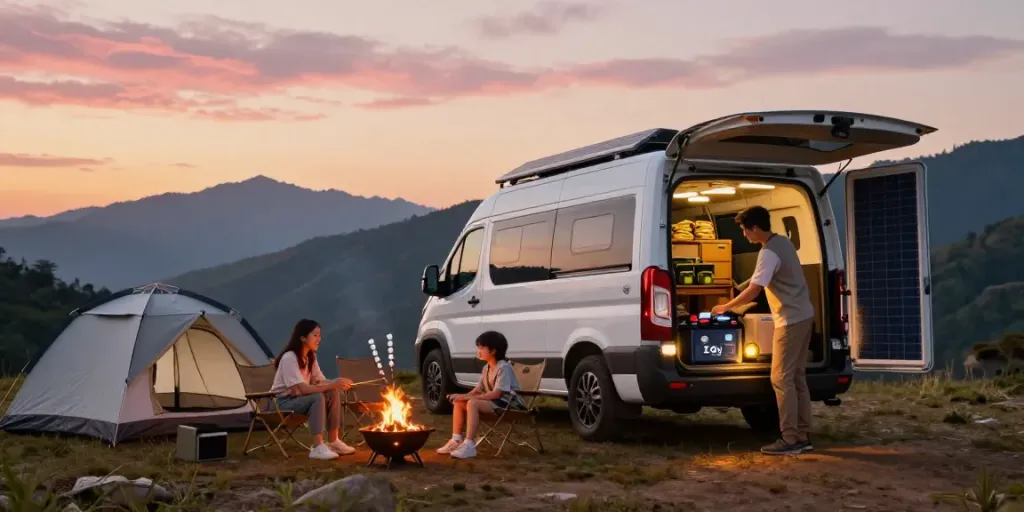 Family enjoying camping with a 12v lithium battery powering devices and lights during sunset.