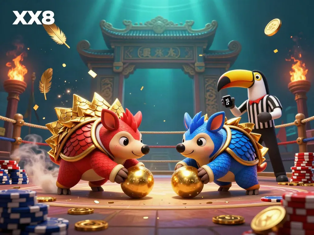 Experience thrilling action with XX8 as rival pangolins compete in a vibrant casino scene.