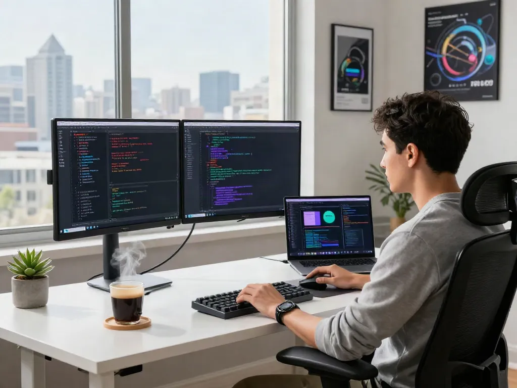 Developer coding an apk application in a modern workspace with dual monitors and natural light.