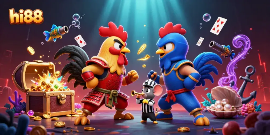 Experience thrilling action at hi88, featuring dynamic roosters in a dramatic standoff amidst vibrant casino elements.