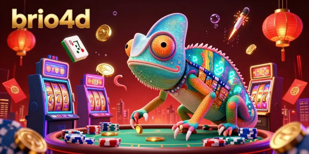 Experience the excitement of brio4d with a vibrant chameleon casino owner amidst slot machines and game elements.