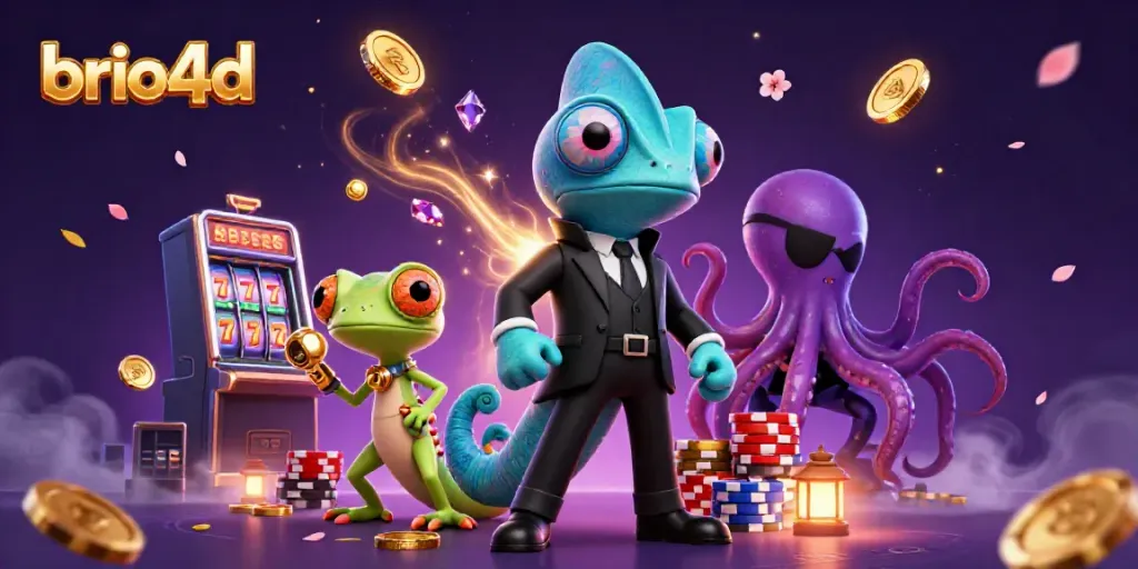 brio4d casino scene featuring a colorful chameleon agent, techy gecko, and a villainous octopus