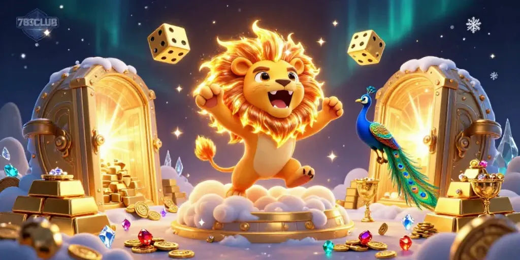 Experience excitement at 789CLUB with vibrant casino-themed illustration featuring treasure, dice, and a roaring lion.
