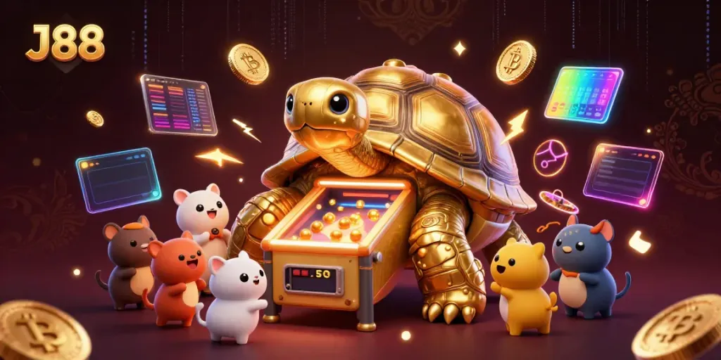 Play engaging casino games with J88's vibrant animated scene featuring a golden tortoise pinball machine.