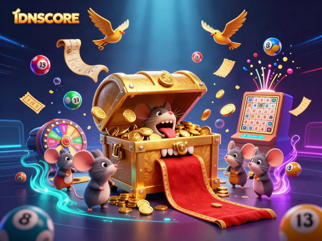 Engage with IDNSCORE's adventurous treasure chest scene filled with lottery balls and prizes, showcasing vibrant casino fun.
