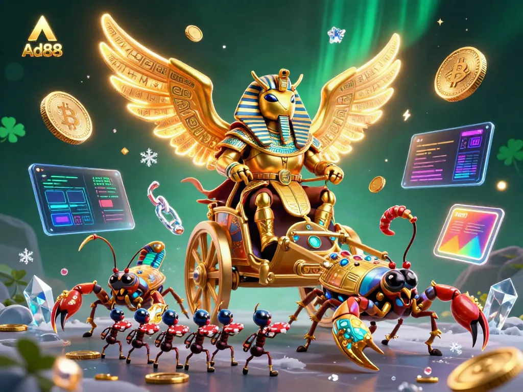Engage with Ad88’s vibrant 3D casino world featuring a golden scarab beetle amidst Bitcoin and Ethereum coins.