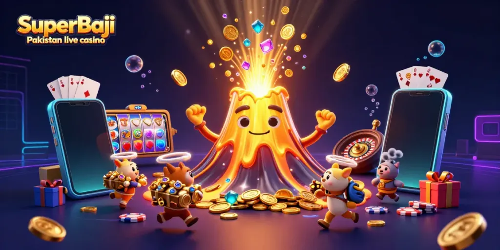 A dynamic illustration of SuperBaji Pakistan live casino with lively characters and casino elements.
