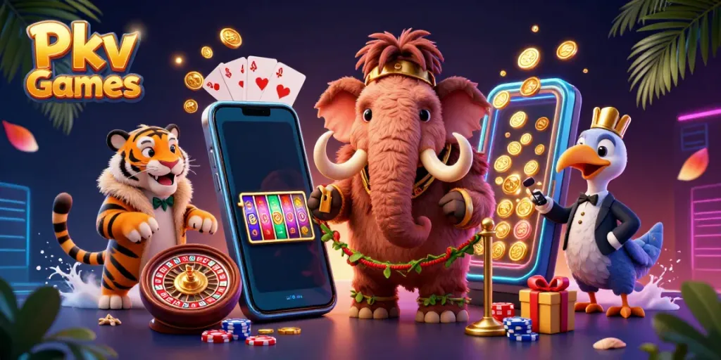 Experience the thrill of Pkv Games with a vibrant casino scene featuring dynamic characters and games.
